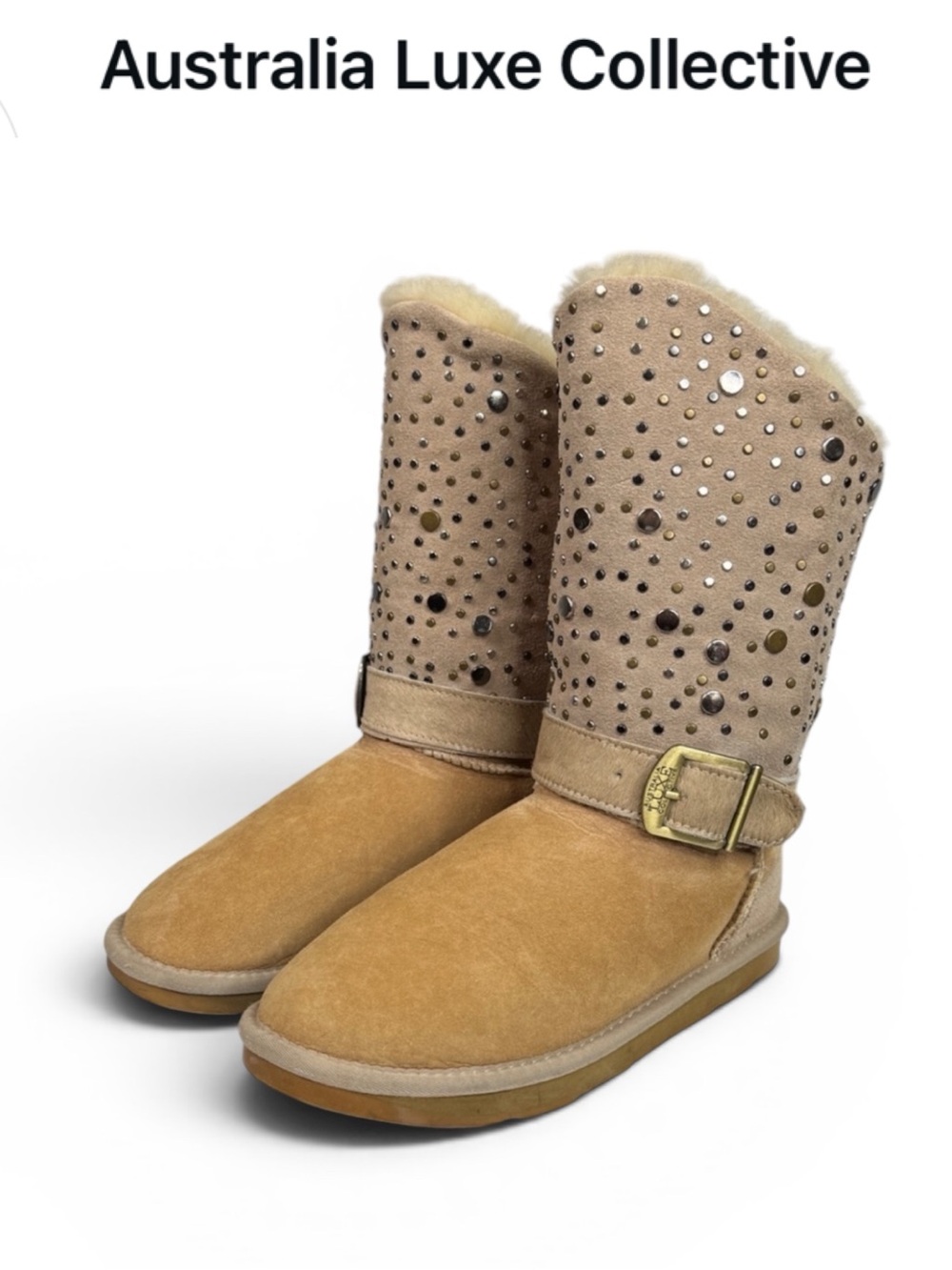 AUSTRALIA LUXE COLLECTIVE TREASURE SAND SUEDE METAL STUDDED SHEARLING BOOTS